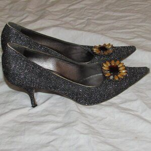 Miu Miu Black Silver Glitter Flower Stone Pointed Toe Witch Goth Heels 39 1/2